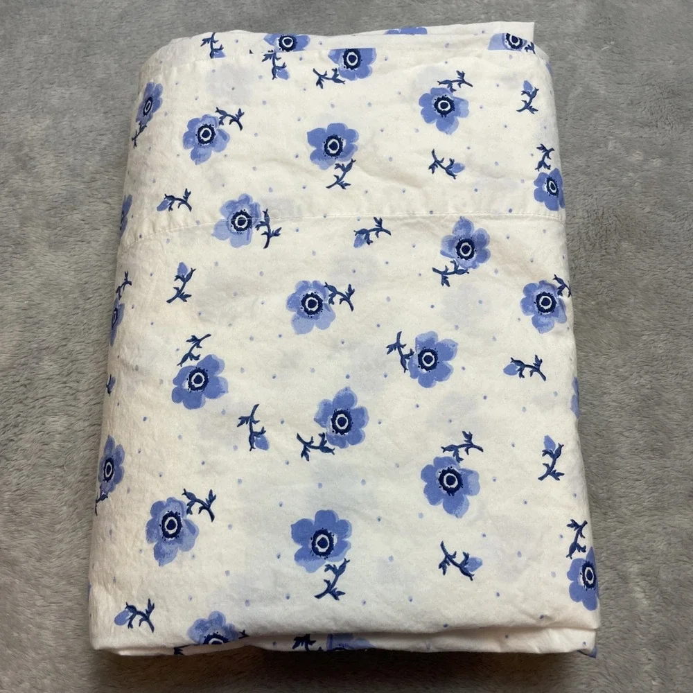 Emma Bridgewater Flat Sheet Twin Size Blue White Floral Anemone Polka Dots